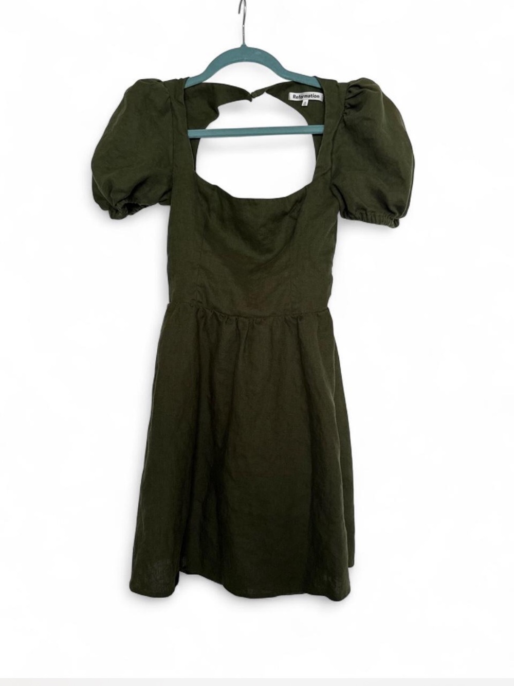 Reformation Olive Puff-Sleeve Square-Neck Linen Dress